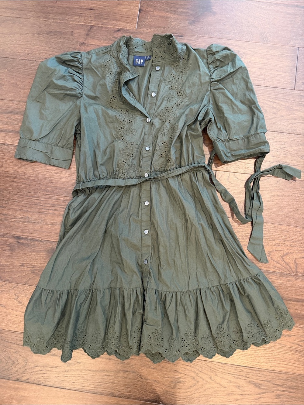 GAP Olive Green Puff Sleeve Eyelet Mini Dress Size Medium - C11-282 - Picture 2 of 9